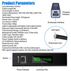 8LED WiFi Snake Borescope Endoscope 8mm Inspection Camera for iPhone Android iOS
