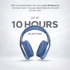 Ultra Wireless OverEar Bluetooth Headphones Mic 10 Hours Playtime Blue