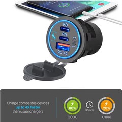 12-24V 3 Port Fast Car Charger PD & QC3.0 USB-C Outlet Socket for RV Marine Boat