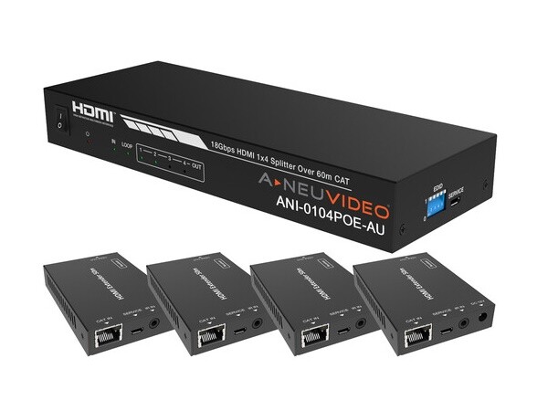 ANI-0104POE-AU 1×4 HDMI PoE 4K60Hz/1080P Cat6 Extender Splitter with 8 Receivers