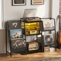 LED Record Player Stand with Storage for 300 Albums – Black Vinyl Shelf