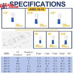 155Pcs Insulated Ring Terminals 11-Sizes(M4/M5/M6/M8/M10) 22-16/16-14/12-11AWG O