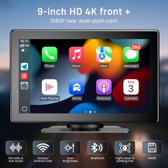9 In Carplay Screen Wireless 4K Front Dash Cam 1080P Rear Backup Camera GPS Call