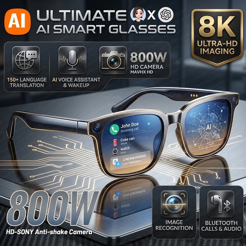 AI Smart Glasses Real-Time Translation 8MP Camera Image Recognition 4k HD Video