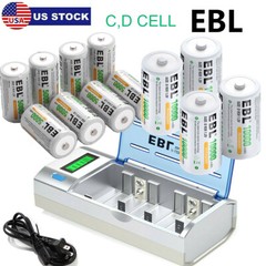 EBL C D Size Rechargeable Batteries C D Cell 1.2V 500Omah-1O000mAh/ Charger LOT