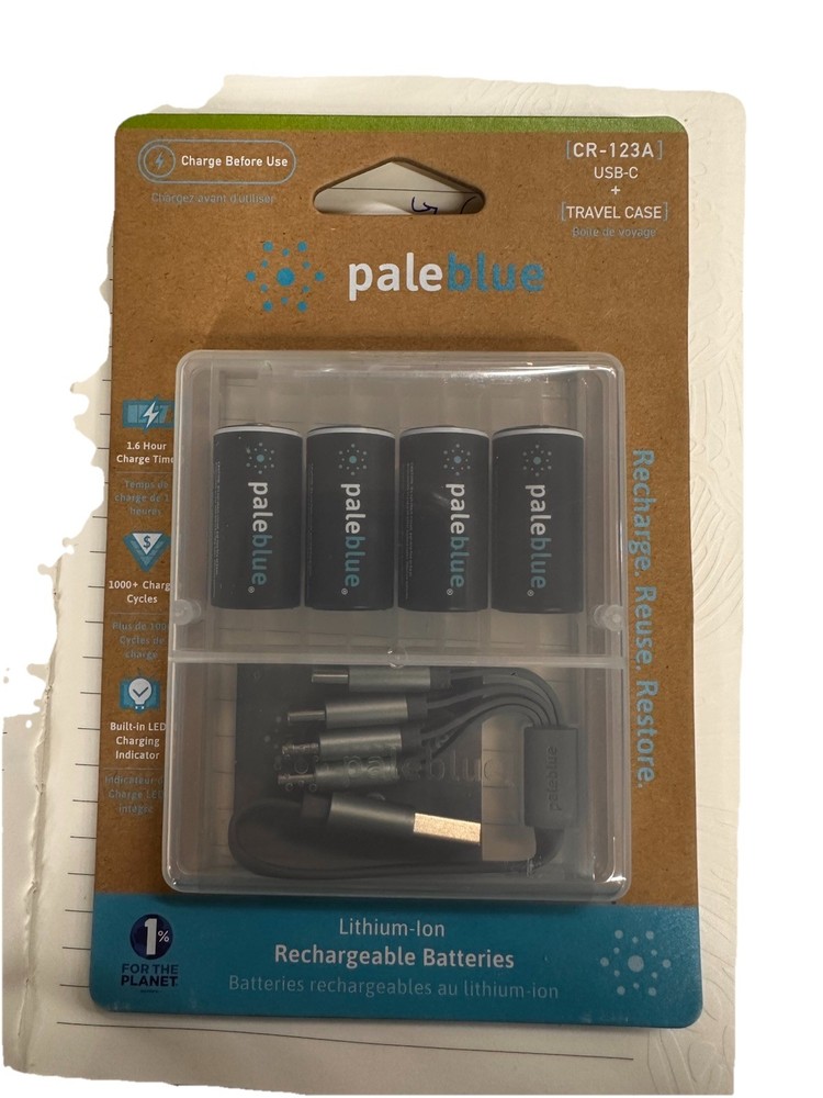 Pale Blue Earth CR-123A USB-C + Travel Lithium-Ion Rechargeable 4-Batteries Pack