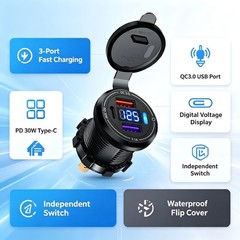 Dual USB Car Charger PD QC3.0 Fast Charging with LED Voltmeter 12V-24V