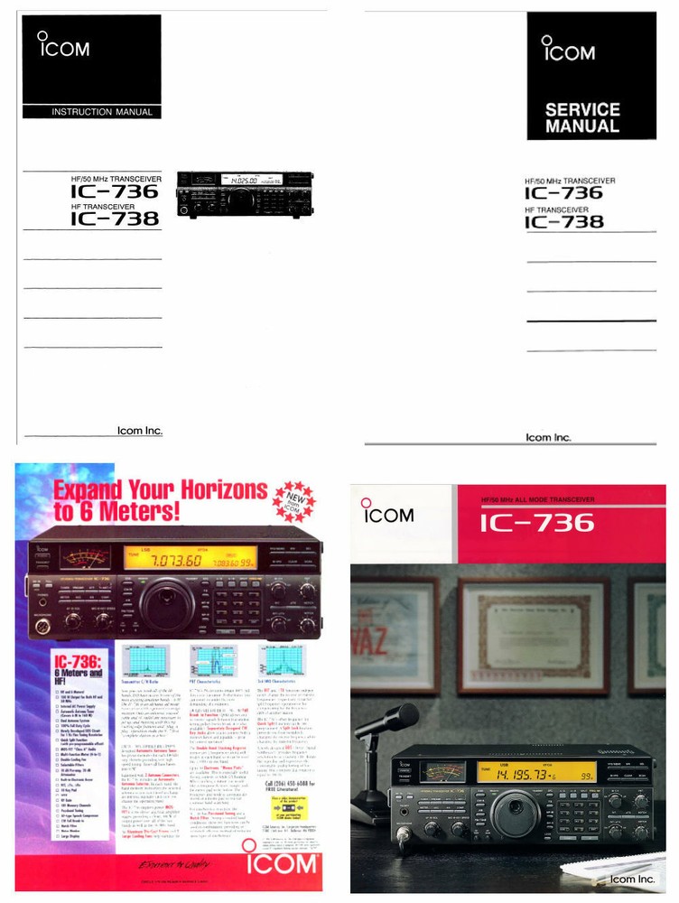 ICOM IC-736 INSTRUCTION + SERVICE MANUALS + COLOR BROCHURE + AD