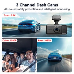 REDTIGER A6 3 Channel Dash Cam, 2.5K+1080P+1080P, 5.8GHz WiFi,3″ Touch Screen