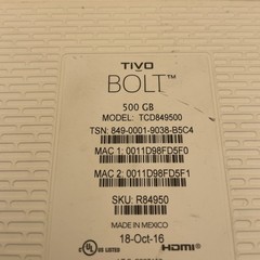 TIVO BOLT DVR TCD849500 500-GB / TIVO UNIT ONLY For Parts only