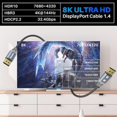 2 PCS 4 Ft VESA 8K DisplayPort 1.4 Cable 32.4Gbps HBR3 HDR Braided Cord