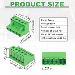 20 Set 5 Pin 5mm 0.2 Inch Pitch PCB Mount Screw Terminal Block Connector