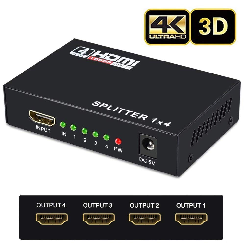 HDMI Splitter Amplifier 1 In 4 Out Duplicator Black