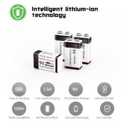 4*1200mAh 9v Battery USB Rechargeable Lithium 6f22 PP3 Block 9volt Li-ion MN1604