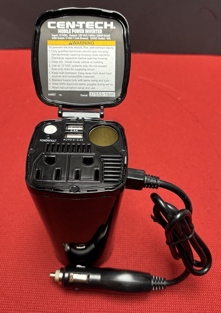 CEN-TECH MOBILE POWER INVERTER 64867 2 120V/AC OUTLETS 2 USB PORTS CUP HOLDER