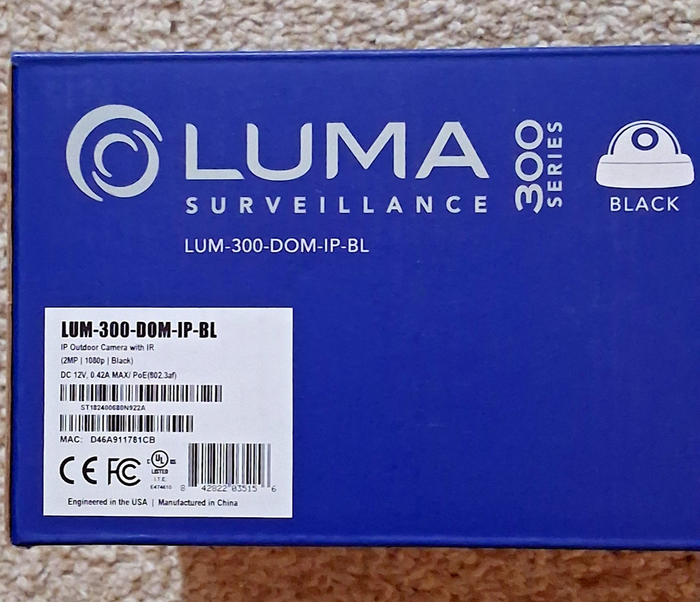 Luma 300 Series LUM-300-DOM-IP-BL Outdoor Dome Surveillance Camera IR 2MP(Black)