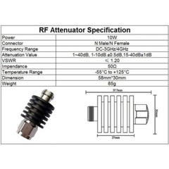 N Type Coaxial Attenuator 10W 50Ω 0-3GHz/4GHz 1/2/3/5/6/10/15/20/25/30/40/50dB