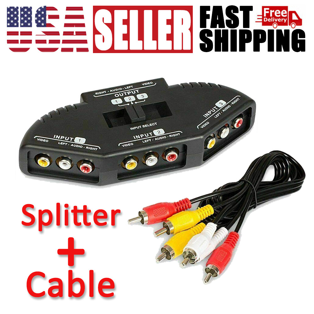 AV Composite RCA Selector Box Switch Splitter w/ Cable Cord Plug Fosmon 3 Port