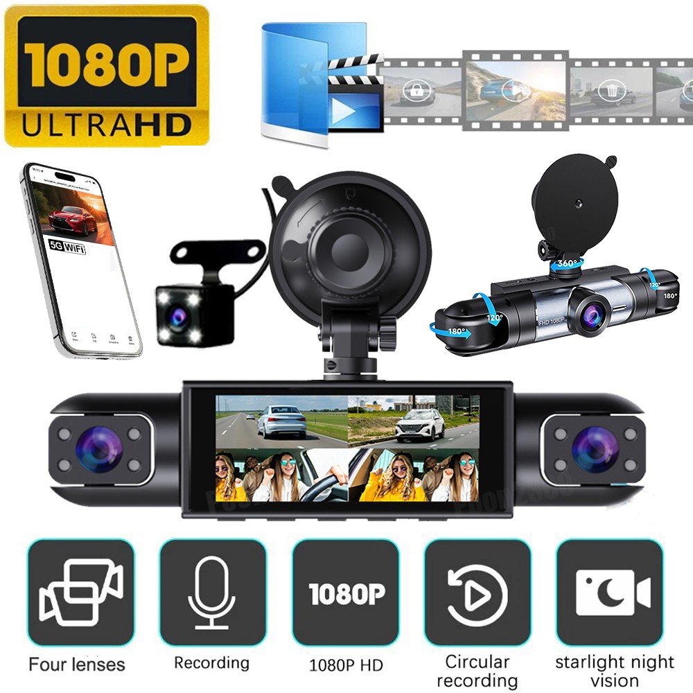 360° 4 Channel 1080P Car Dash Cam Front and Rear Inside Left Right + Camera Wifi