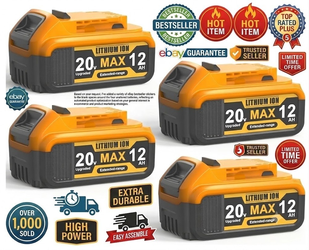 4x 12Ah 20V Replacement Battery for 20V Max Power Tools, High Capacity Li-ion