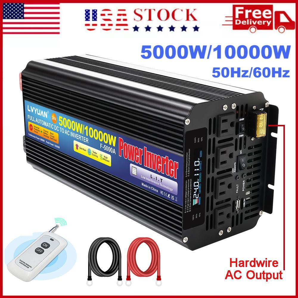 5000W 10000W Power Inverter DC 24V to AC 110V Converter W/ 4AC USB LCD Remote RV