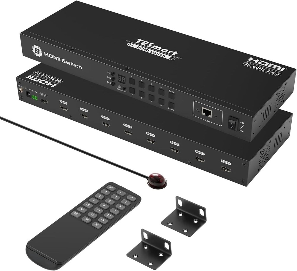 TESmart 8×1 HDMI Switch 8 in 1 Out 4K @ 60Hz HDCP with 19-inch Rack-Ears RS-232