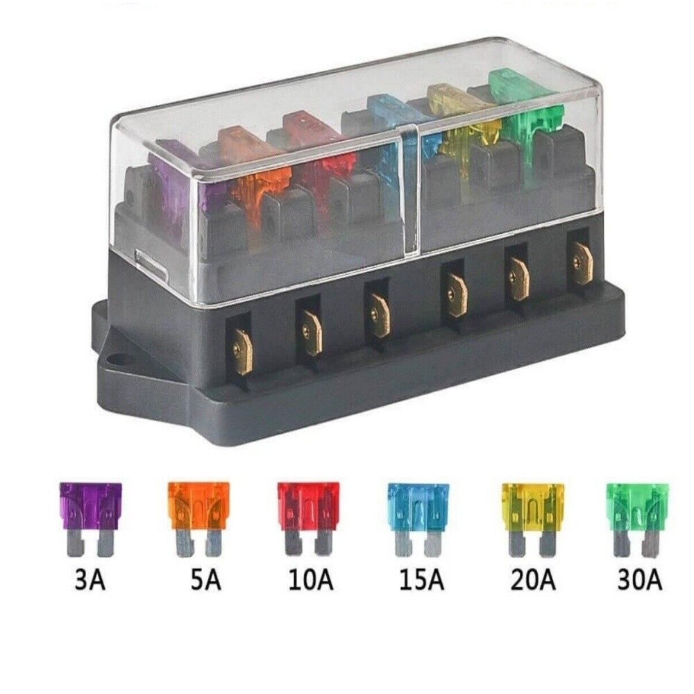 6 Way Blade Fuse Box Block Holder Boat Car Power Distribution Panel Board 1/2/5x