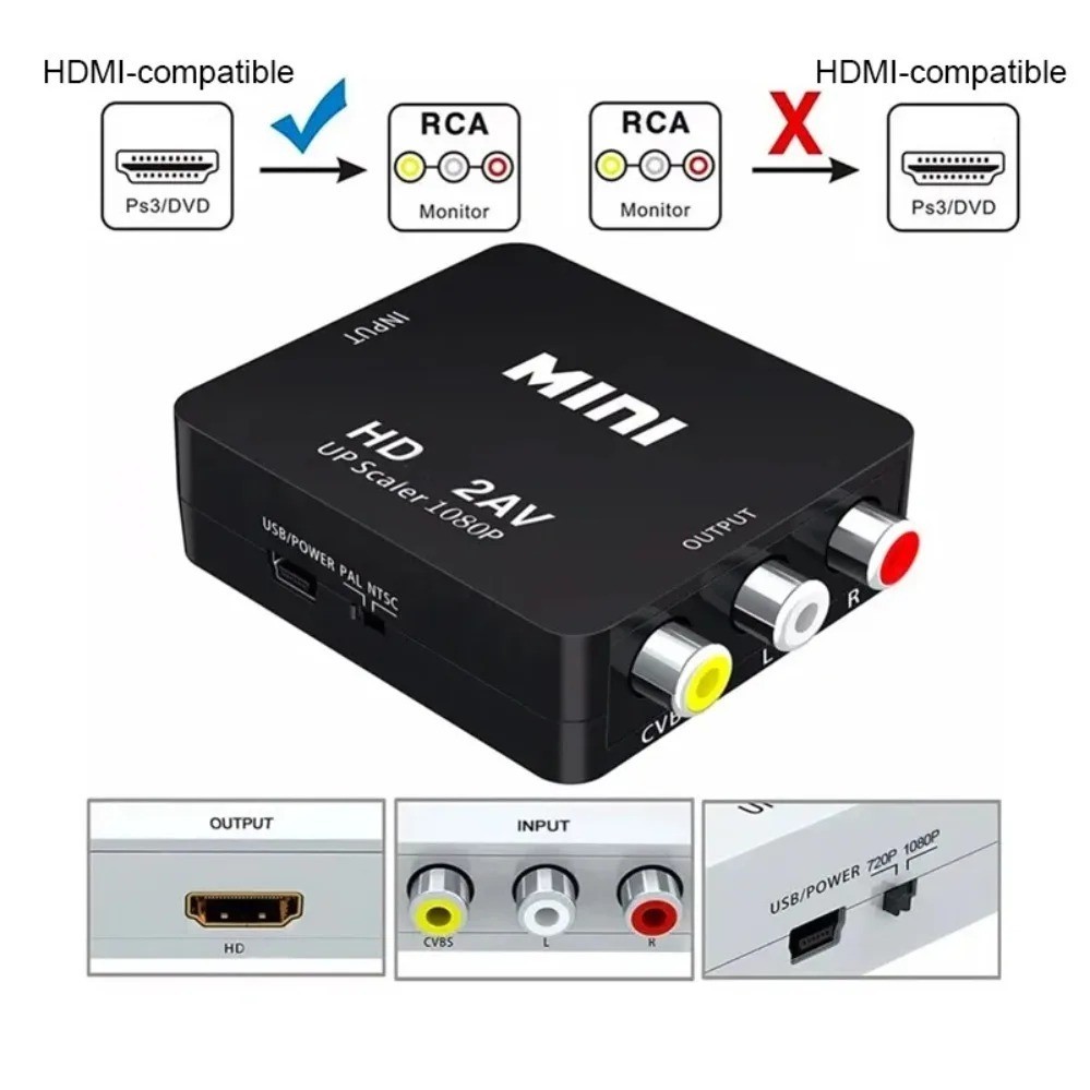 Composite AV RCA to HDMI Video Converter Adapter 720p 1080p Upscaler USB Power