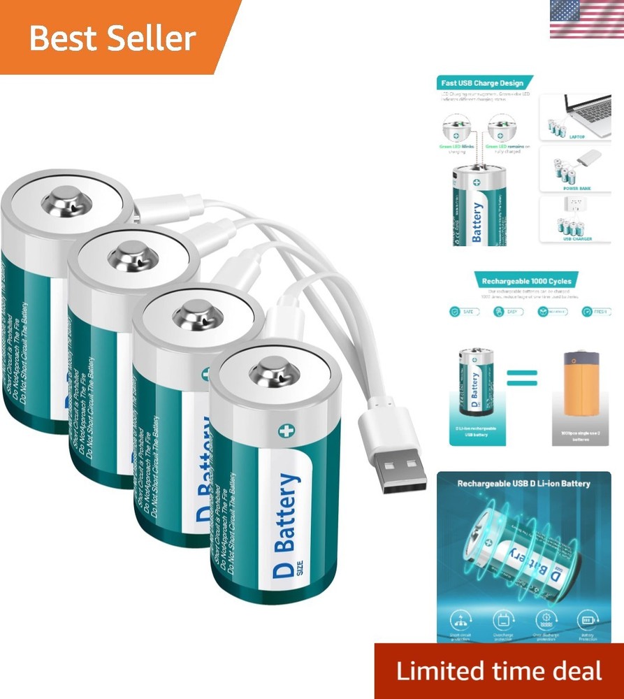 Rechargeable D Size Batteries 4 Pack with USB-C 4 in 1 Charging Cable, 1.5V L…