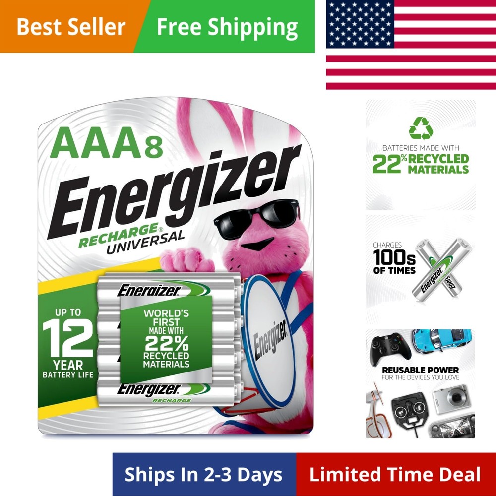 Recharge Universal Rechargeable AAA Batteries 8 Pack, Triple A Batteries