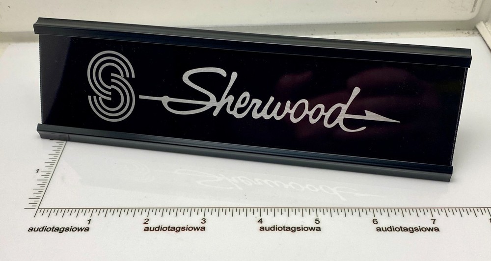 Sherwood Stereo Component Desk Sign – Custom Silver Aluminum, Double Sided
