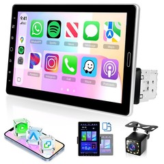 10.1” Single DIN Car Stereo, Wireless CarPlay Android Auto, Rotating Display
