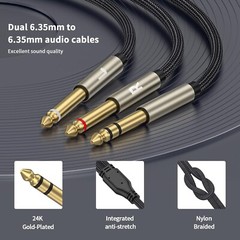 1/4 inch TRS Stereo Y-Splitter Insert Cable, 1/4 Inch Male Jack to Dual 1/4inch