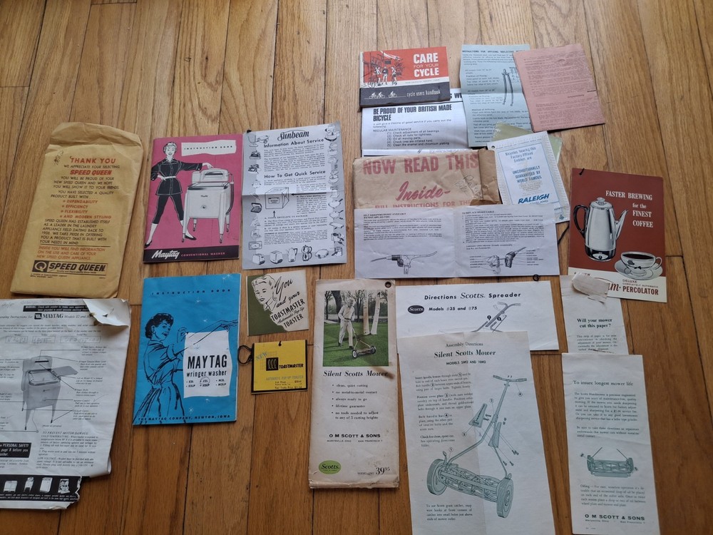 Vtg. Various Appliance, Lawn, Bicycle Manuals: