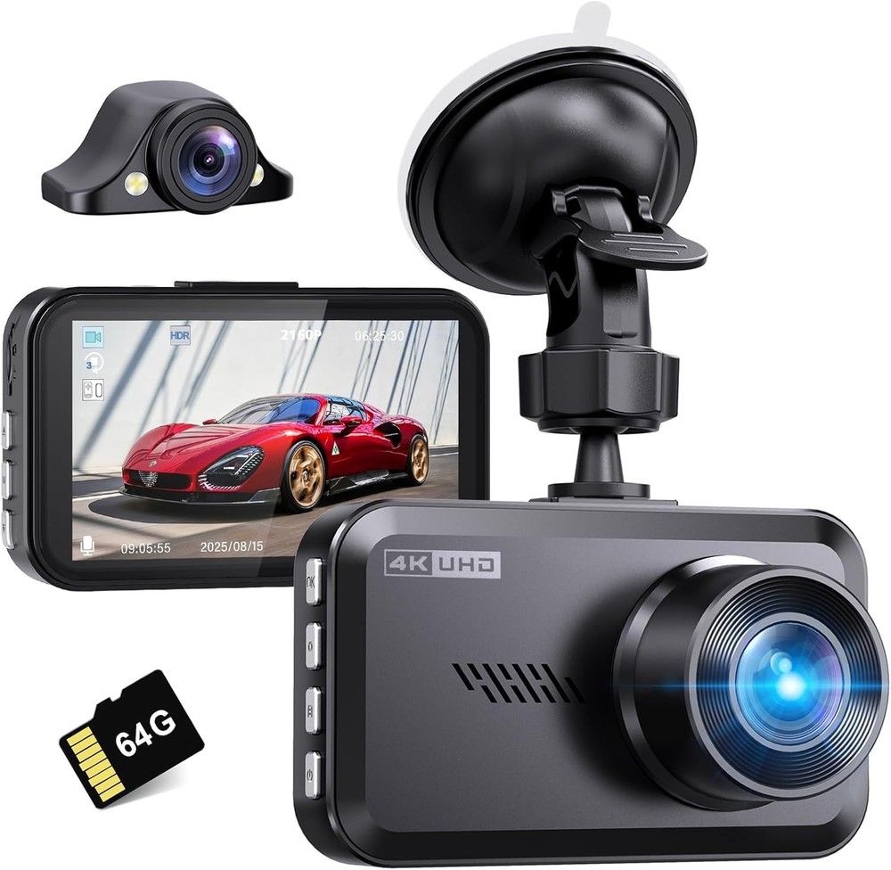 Dual 4K Dash Cam Front and Rear – Free 64G SD Card, 2160P+2160P UHD Dash Came…