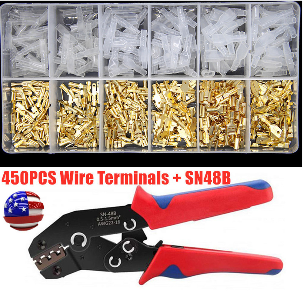 450x Wire Connectors Spade Crimp Terminals SN-48B Ratchet Crimper Plier Tool Kit