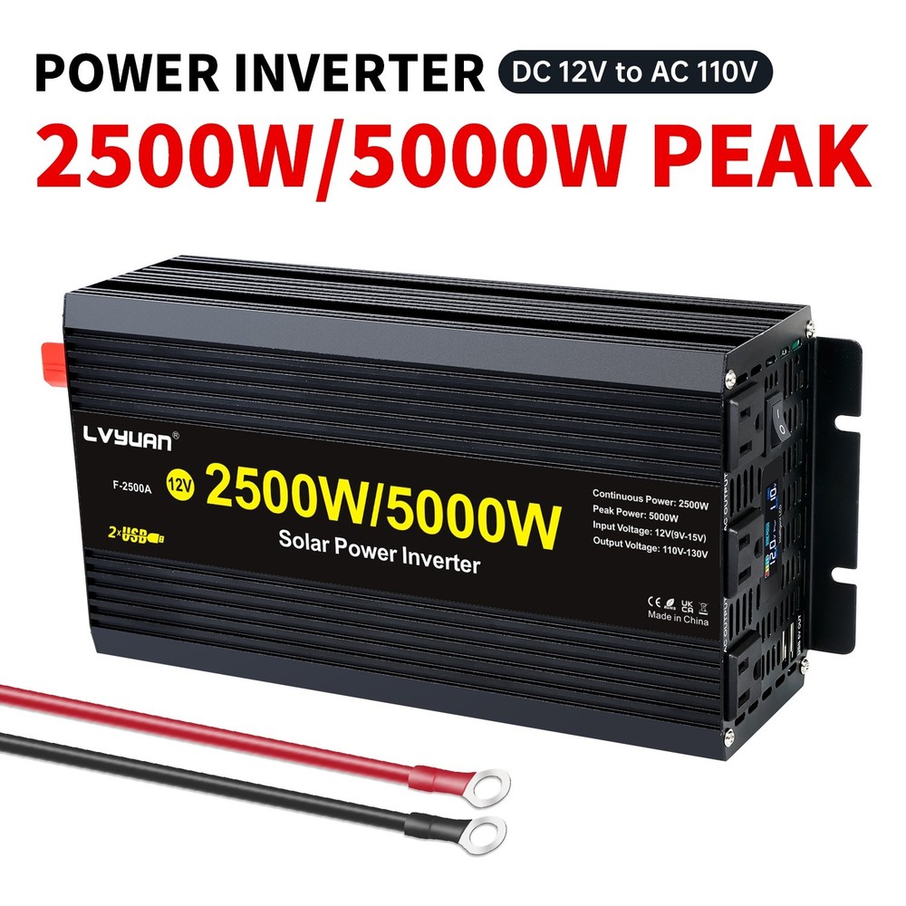 2500W 5000W Power Inverter 12V to 110V Converter With 2USB 3AC LCD Display Black