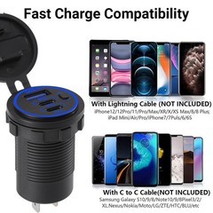 12-24V 3 Port Fast Car Charger PD & QC3.0 USB-C Outlet Socket for RV Marine Boat
