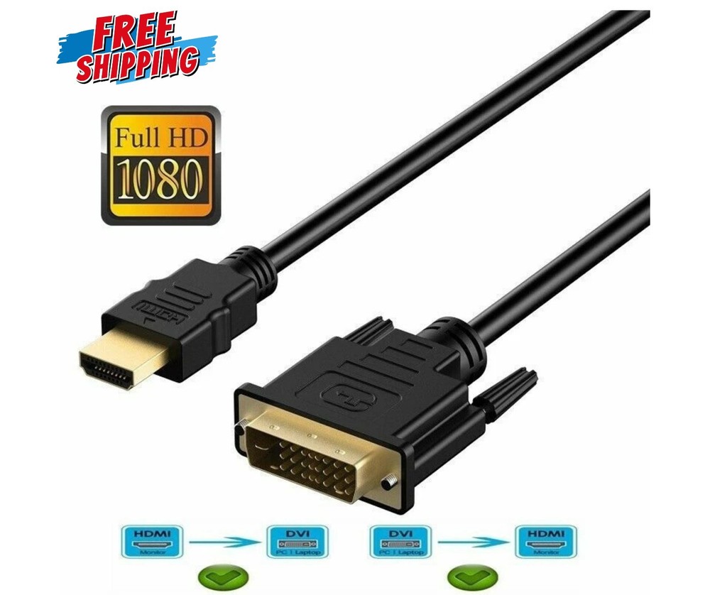 New HDMI to DVI-D 24+1 Pin Monitor Display Adapter Cable Male/Male HD HDTV 6 FT