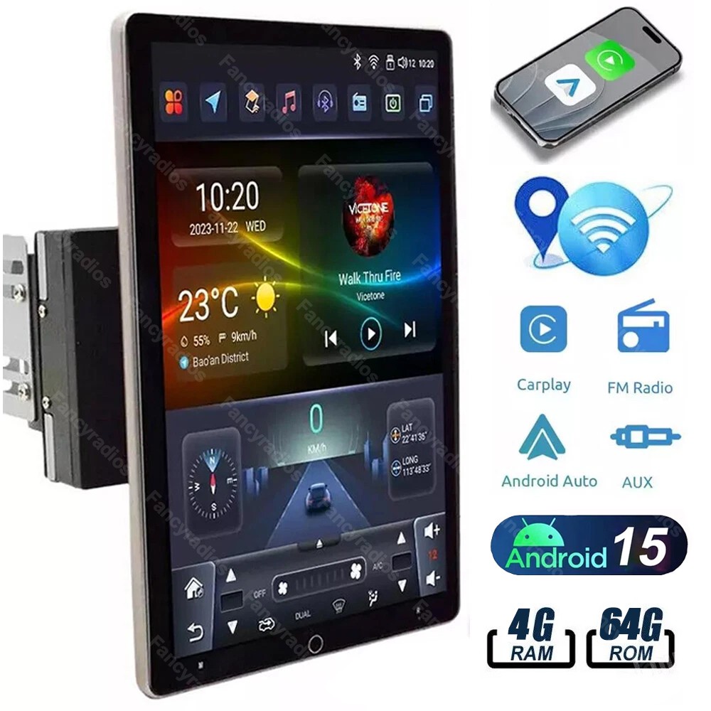 4+64GB Double 2DIN Rotatable 10.1″ Android 15 Car Stereo Radio GPS Navi Wifi BT