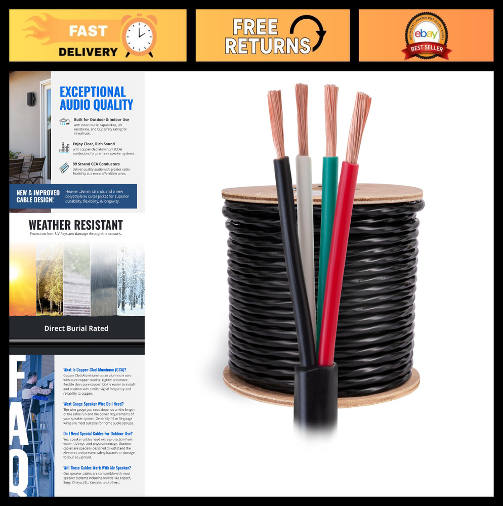 14 Gauge Speaker Wire 250ft – Indoor/Outdoor, Direct Burial, Waterproof, UV Resi
