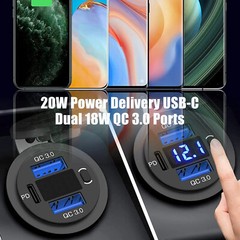 12V-24V PD+QC3.0 Dual USB Car Fast Charger Power Socket Outlet LED Voltmeter LOT