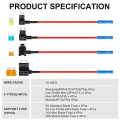 16 Pack 4 Types Fuse Tap, Upgraded 12V Car Add a Circuit Fuse Tap Kit – Standard