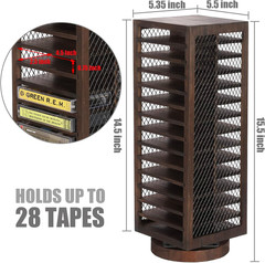 Rotatable Farmhouse Style Cassette Tape Rack, 28-Slot Rustic Wood & Metal Design