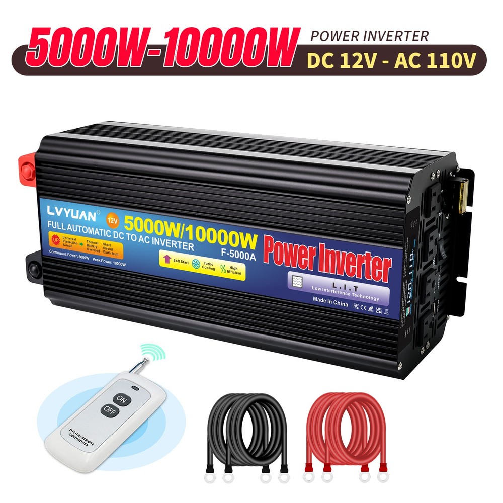 5000W 10000W Power Inverter DC 12V to AC 110V Converter W/ 4 Sockets USB Remote