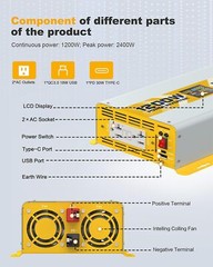 1200W Pure Sine Wave Power Inverter 12V DC to 120V AC for RV, Boat & Off-Grid