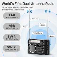 Portable Radio Dual-Antenna AM FM SW Bluetooth USB Rechargeable – Easy to Use