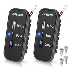 RV USB Outlet Panel: 12V/24V 3-Port Panel Mount Charger, 18W USB-C PD3.0, 2PCS