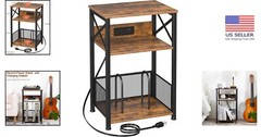Rustic Vinyl Record Player Stand with Charging Station – 3-Tier Storage Table