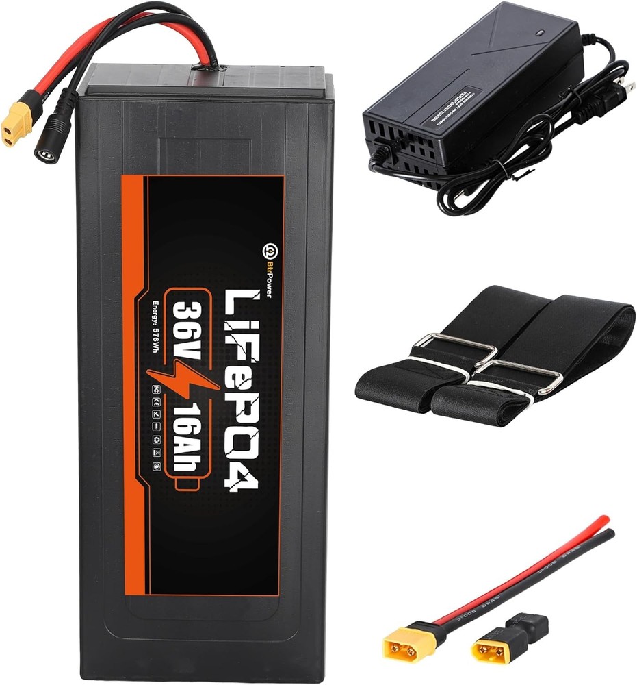 36V 16Ah LiFePO4 Lithium B attery Pack, Built-in 30A BMS for 0-1200W Motor